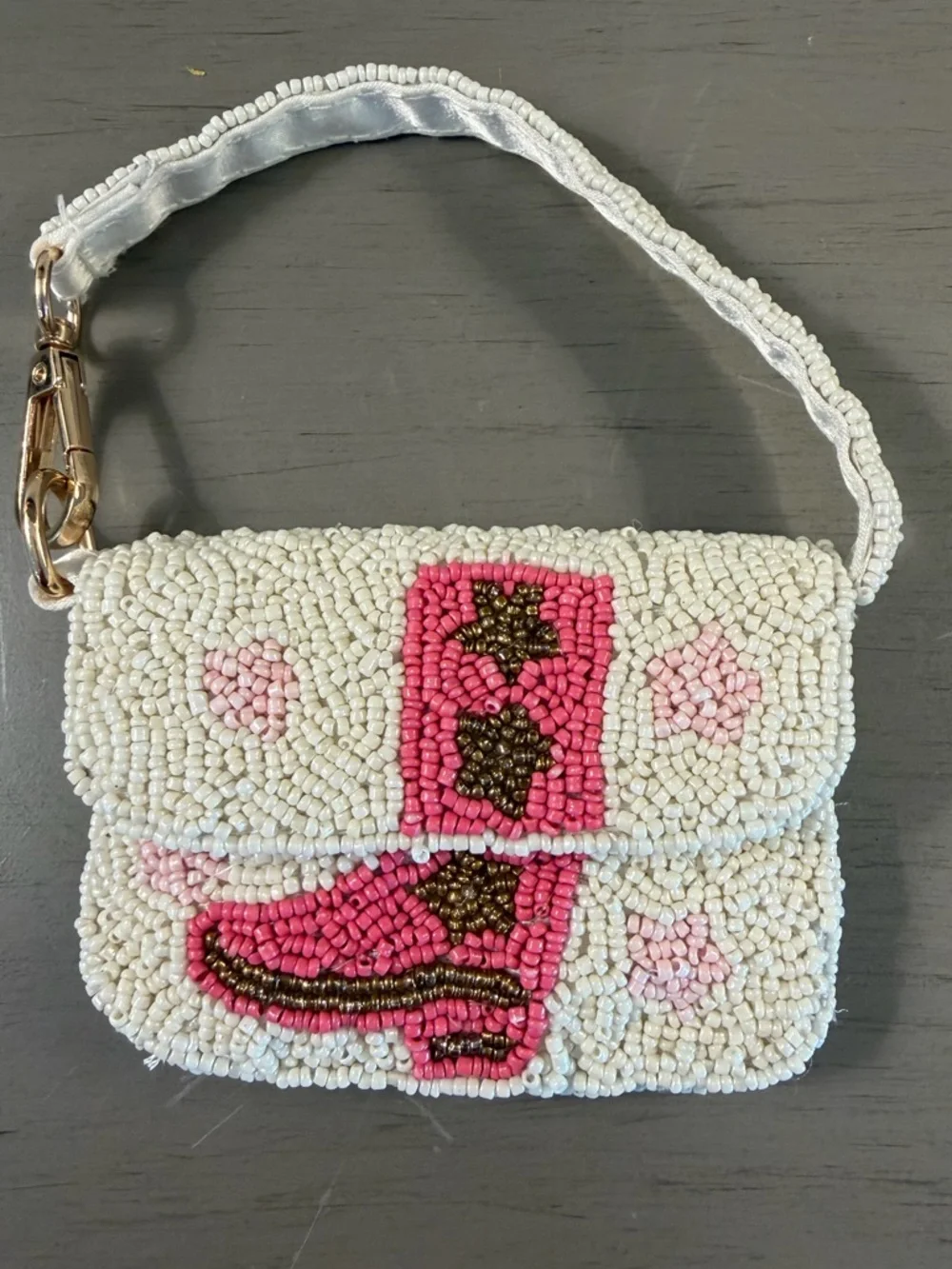 Sincerely Jules Bead Cowboy Boot Mini Pouch Wristlet White Pink Coin Purse Clip